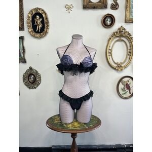 Vintage Paris Style Ruffle Lingerie Set Purple & Black